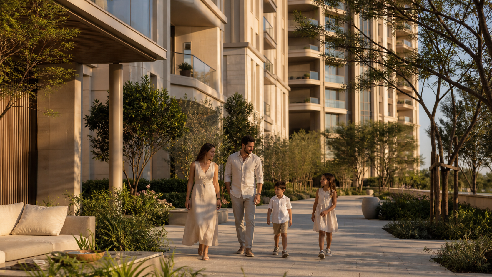 Family walking through landscaped pathways at Avelora