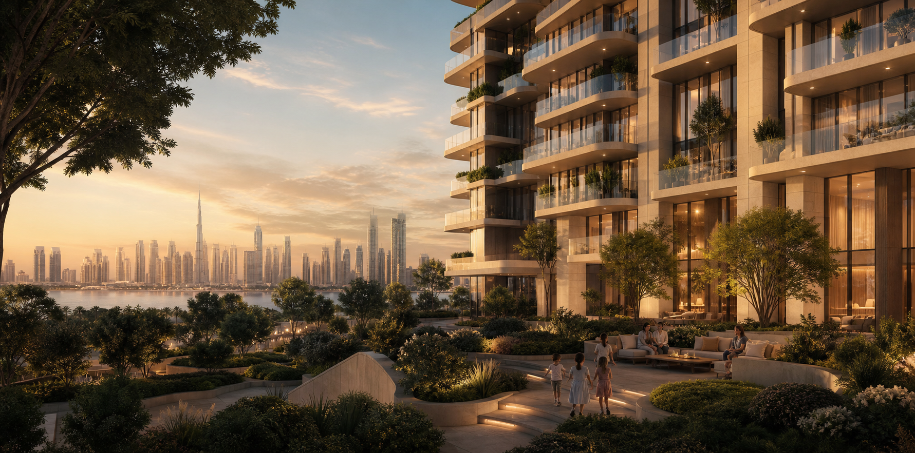 Avelora Residences tower surrounded by landscaped greenery at golden hour