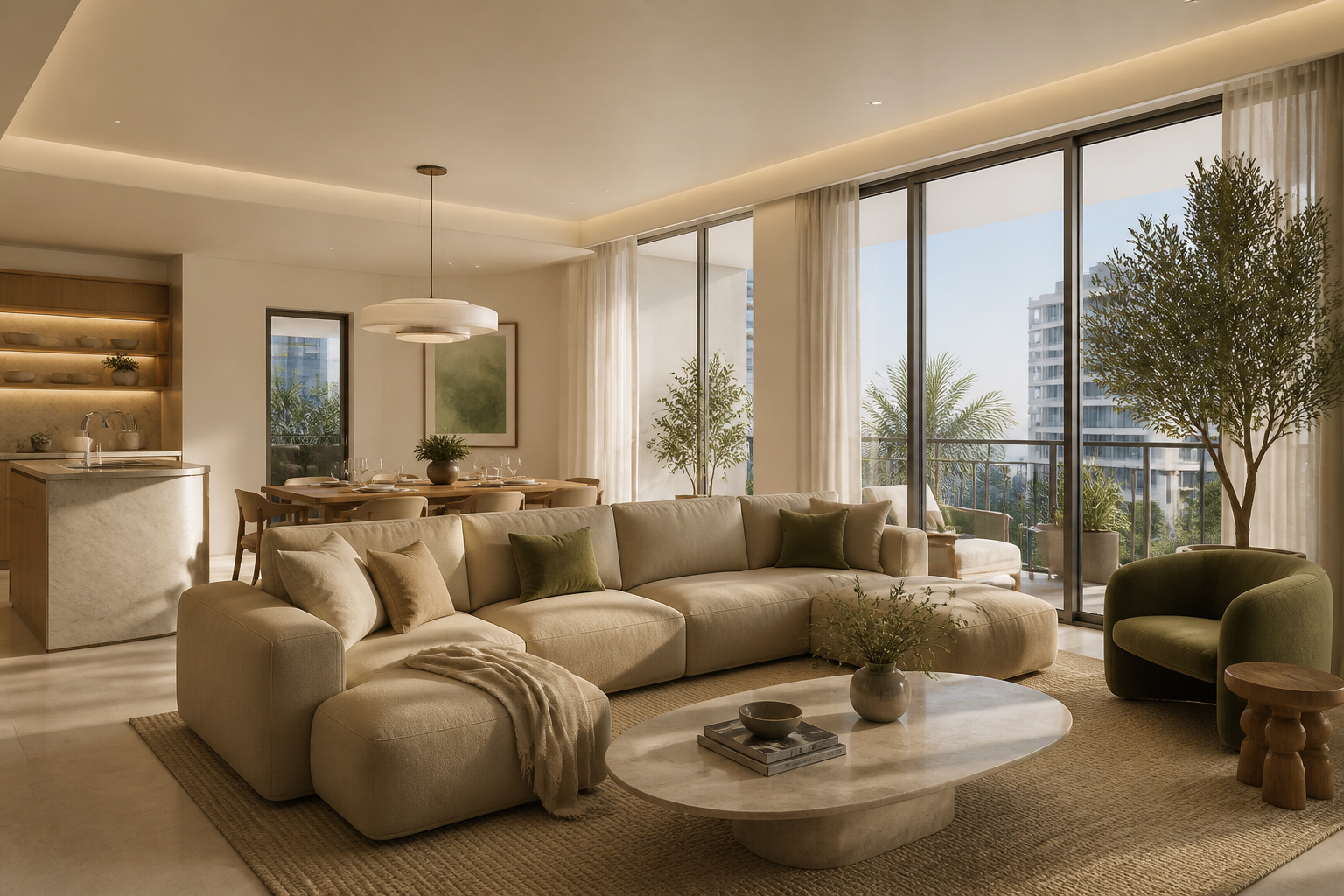 Warm living room with refined stone flooring and full-height windows