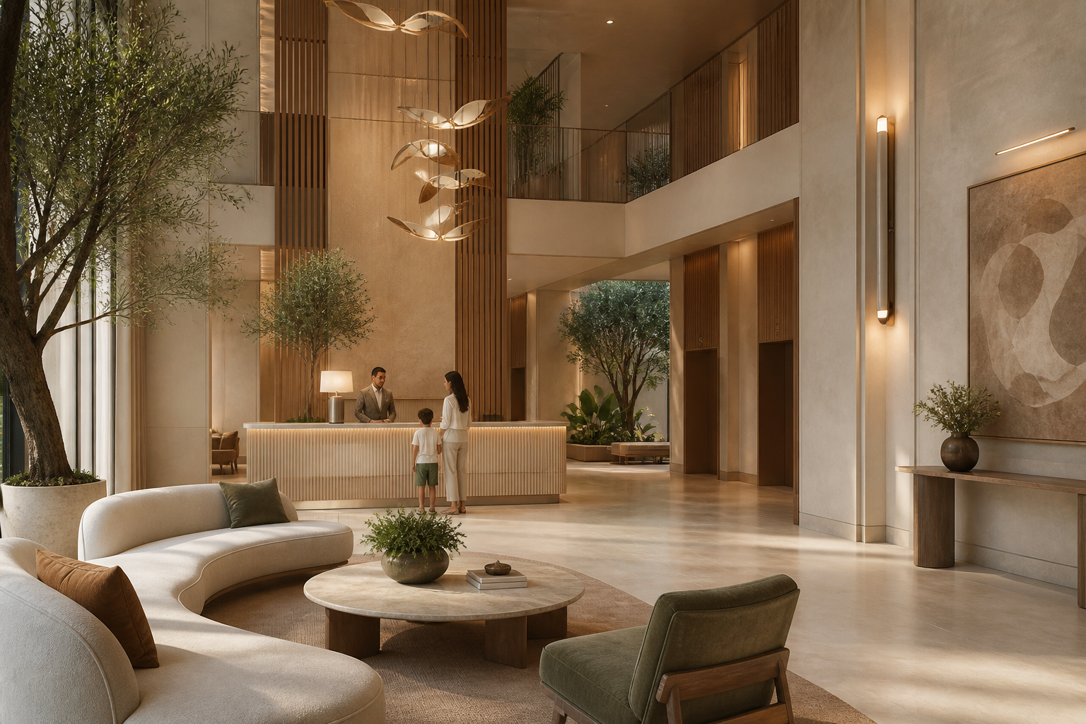 Warm shared arrival lounge at Avelora Residences