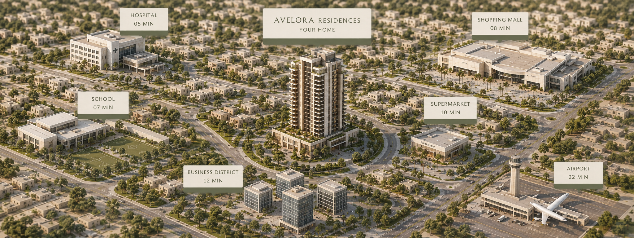 Conceptual map showing Avelora Residences within Marina Gardens District